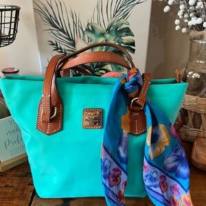 Dooney & Bourke Turquoise Tote with Brown Leather Straps for Handbag or Shoulder